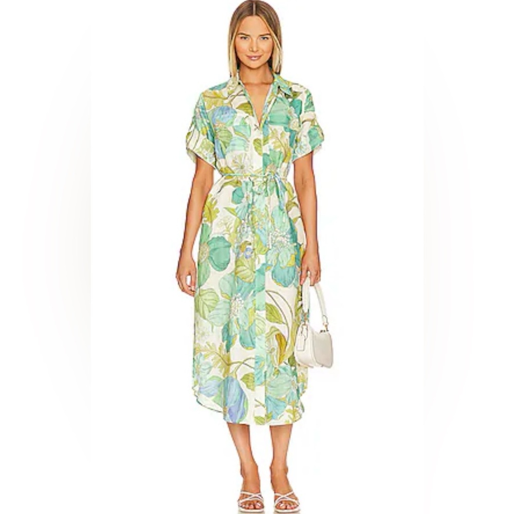 ALÉMAIS Janis Green Floral Linen Midi Shirtdress US6
